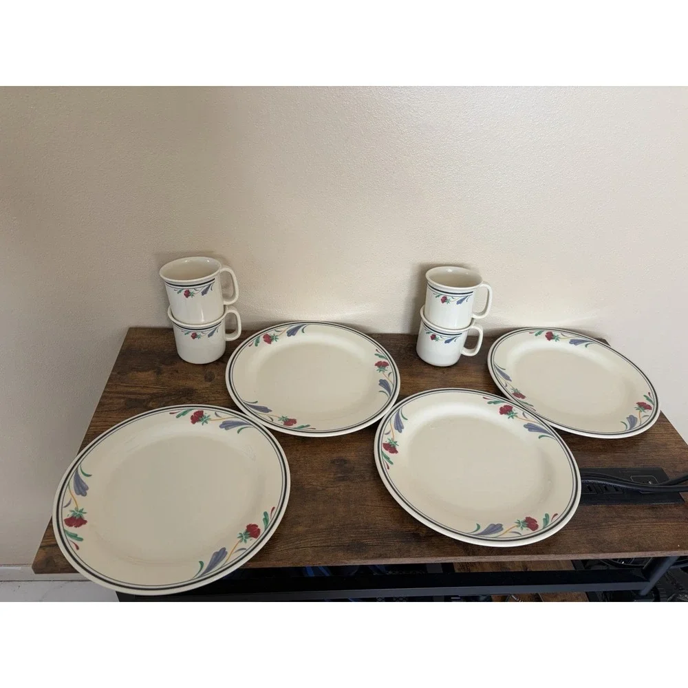 Lenox Poppies on Blue Melamine 10 Pc Set 6 Plates 4 Mugs Floral Dinnerware